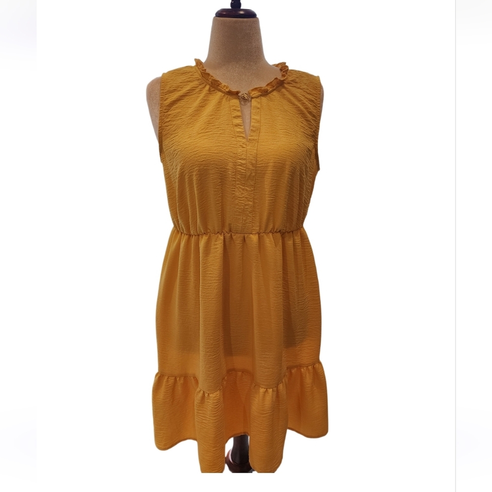 Adrienne Vittadini Yellow Ruffle Top Sleeveless Dress With Gold Accent